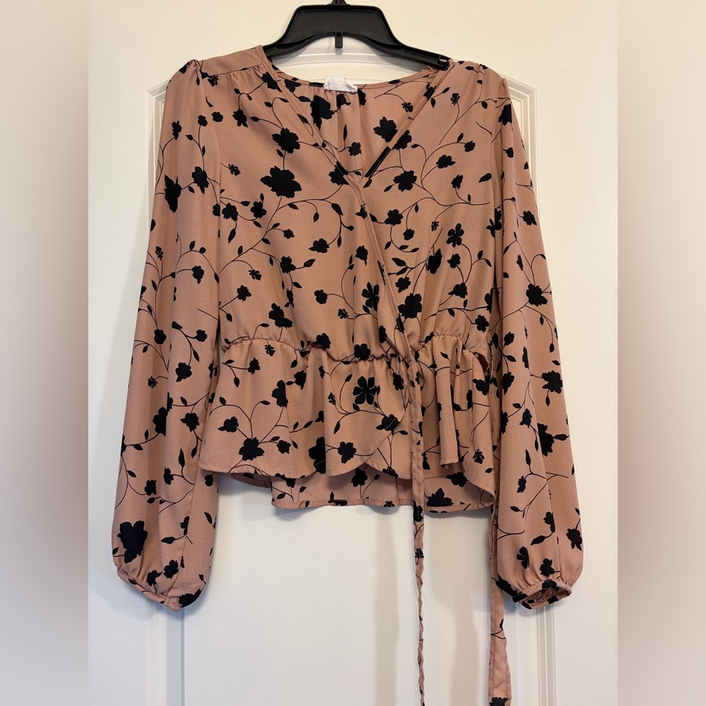 Sienna Sky Blush Pink Floral Wrap Peplum Blouse with Black Print